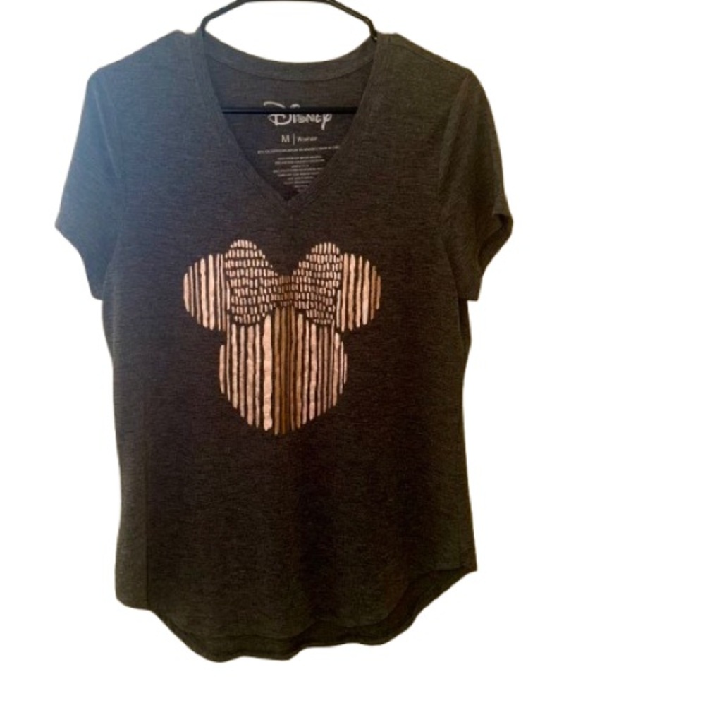 Disney Minnie Mouse Short Sleeve V Neck Grey and Gold Tee Shirt Women’s Medium
